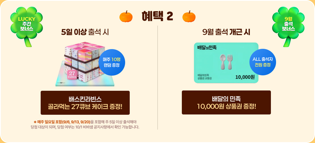 혜택 2. LUCKY 주간 보너스 - 5일 이상 출석 시 배스킨라빈스 골라먹는 27큐브 케이크 증정!. 매주 10명 랜덤 증정/9월 출석 보너스 - 9월 출석 개근 시 배달의민족 10,000원 상품권 증정!. ALL 출석자 전원 증정